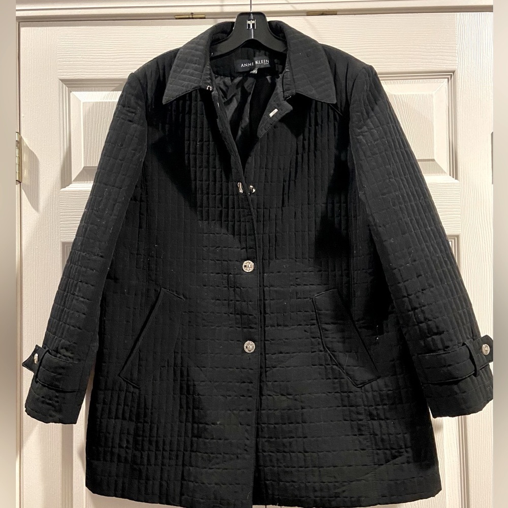 Anne Klein Black Nylon-Like Single Breasted Turn-Lock Trench Coat Size Large